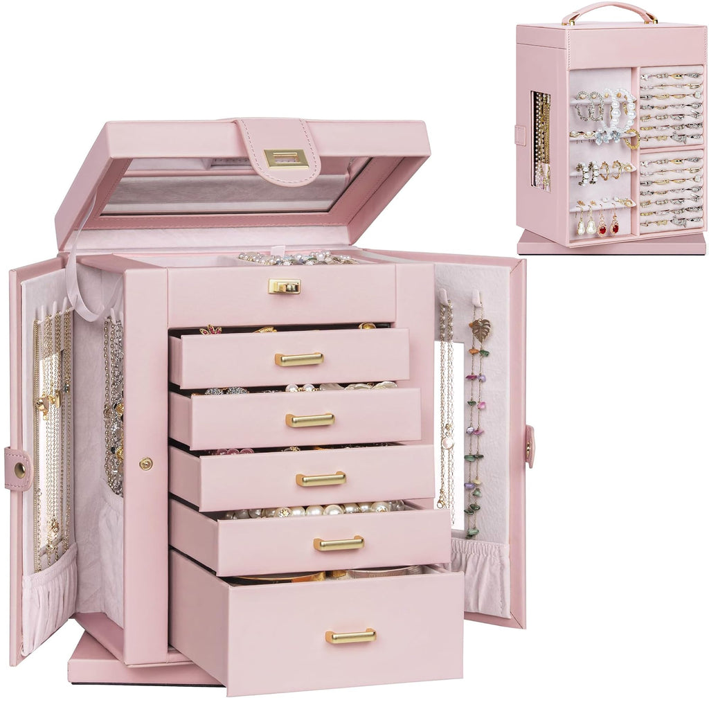 AKOZLIN Jewelry Box 6-Tier Organizer Functional 360° Rotating Jewelry Storage Case for Women Girls Ring Necklace Earring Bracelet Holder with Mirror