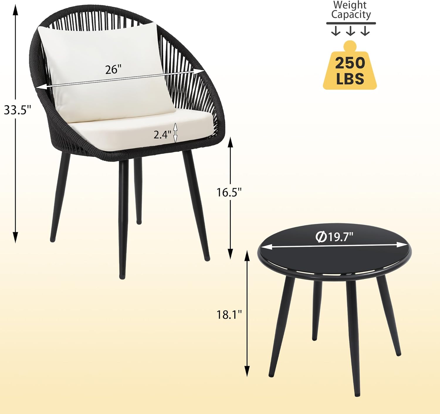 wildformers 3 Pieces Bistro Set, Woven Rope Chair with Cushions, All Weather Patio Conversation Set and Side Table, Ideal for Deck, Balcony, Poolside, Black