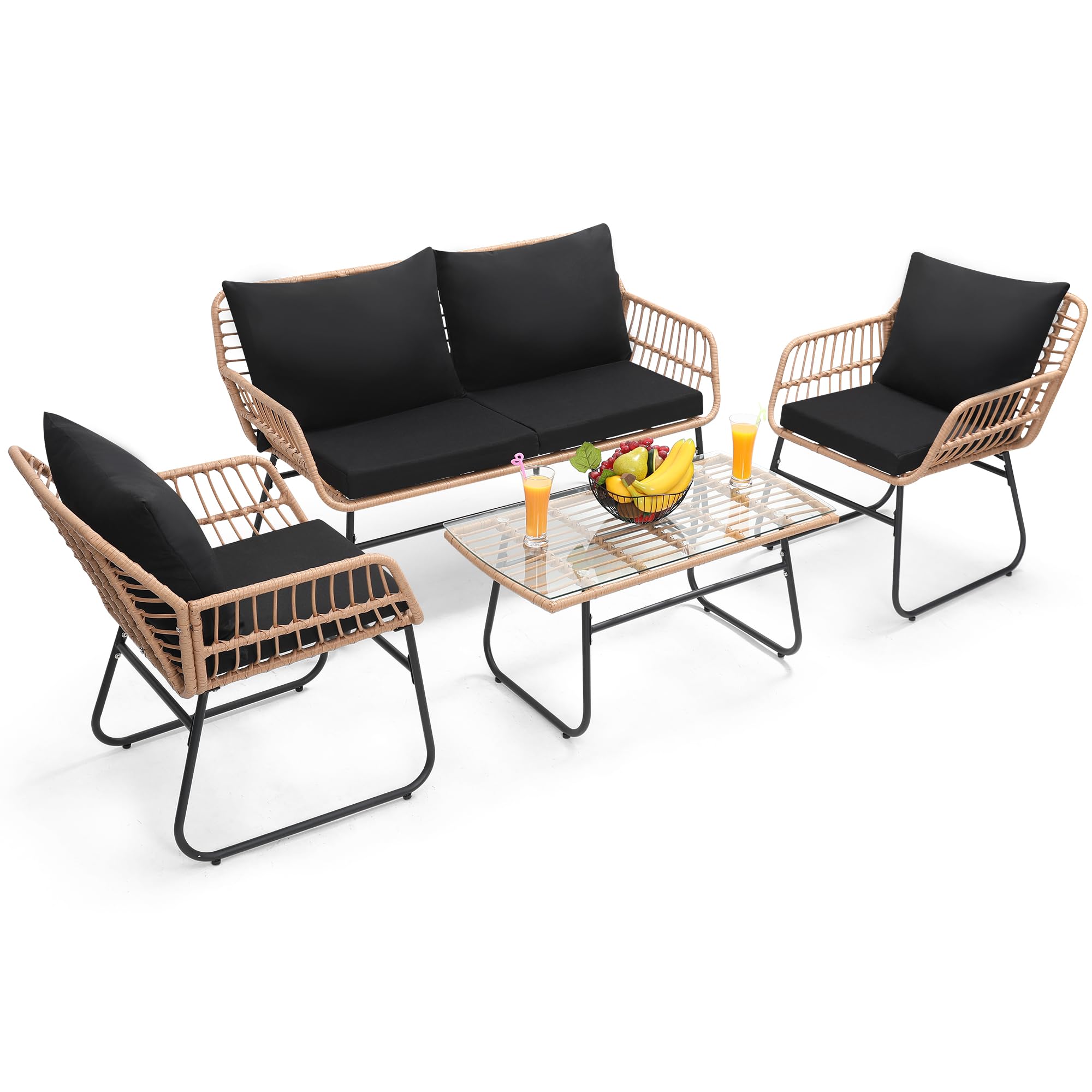 Kromax 3 Pieces Patio Rattan Bistro Conversation Set, Outdoor All-Weather Wicker Furniture Chairs and Side Table Set Ideal for Balcony, Porch and Backyard, Black