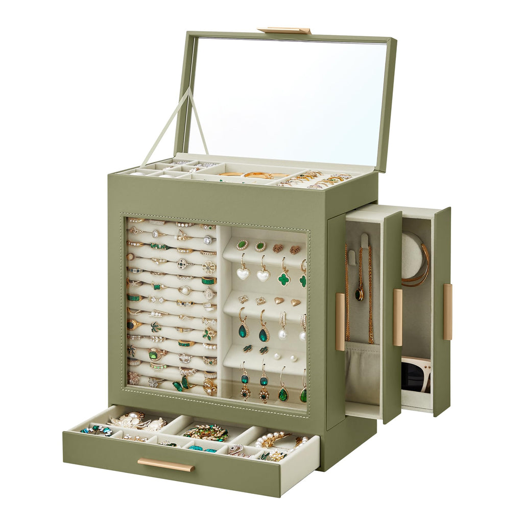 SONGMICS Jewelry Box with Glass Window, 5-Layer Jewelry Organizer with 3 Side Drawers, Jewelry Storage, with Big Mirror, Modern, 6.1 x 10.3 x 12.6 Inches, Cloud White and Metallic Gold UJBC162W01