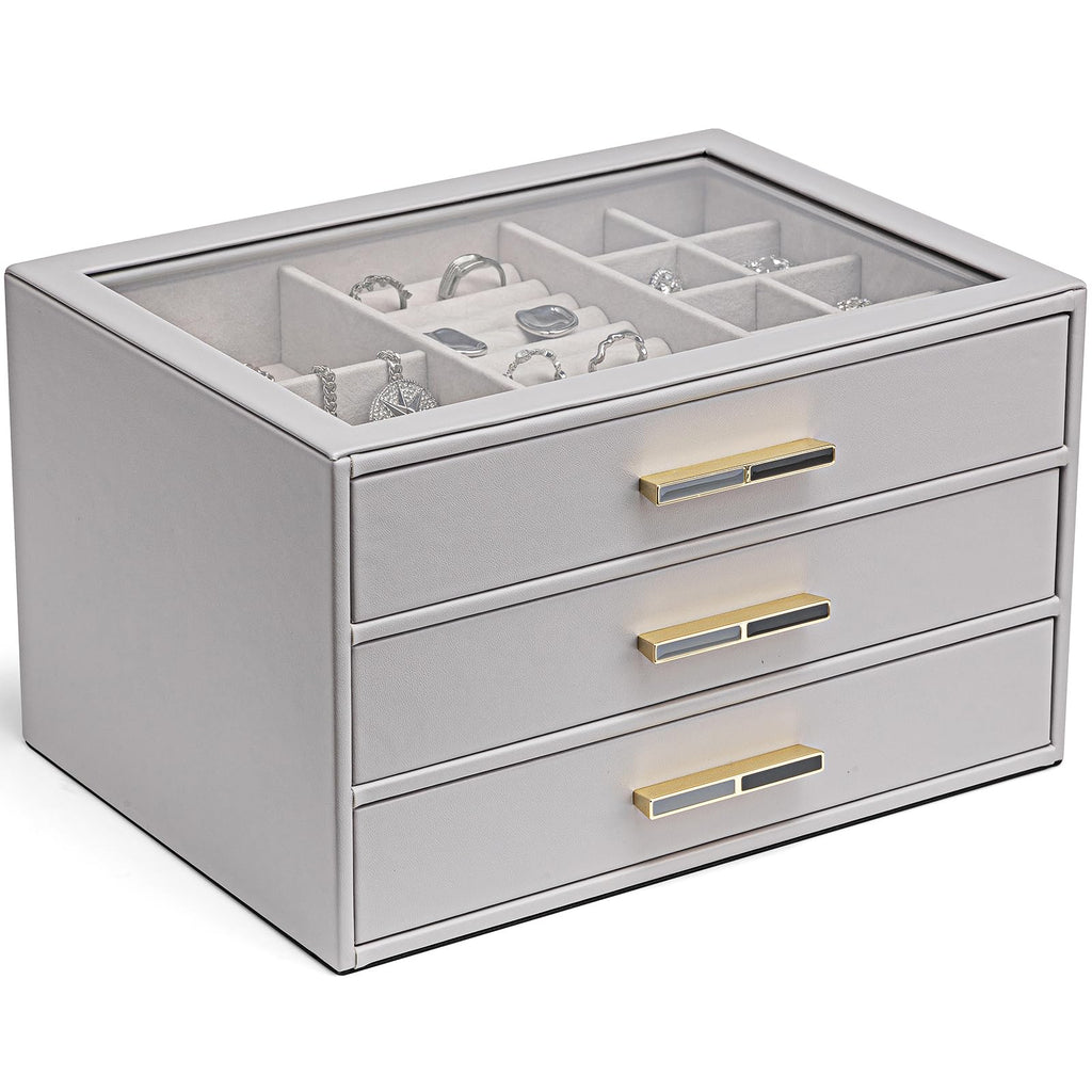 VLANDO 4 Layer Jewelry Box for Women, Glass Lid Jewelry Organizer with 4 Drawers for Necklaces Rings Earrings Bracelets - Cloud White
