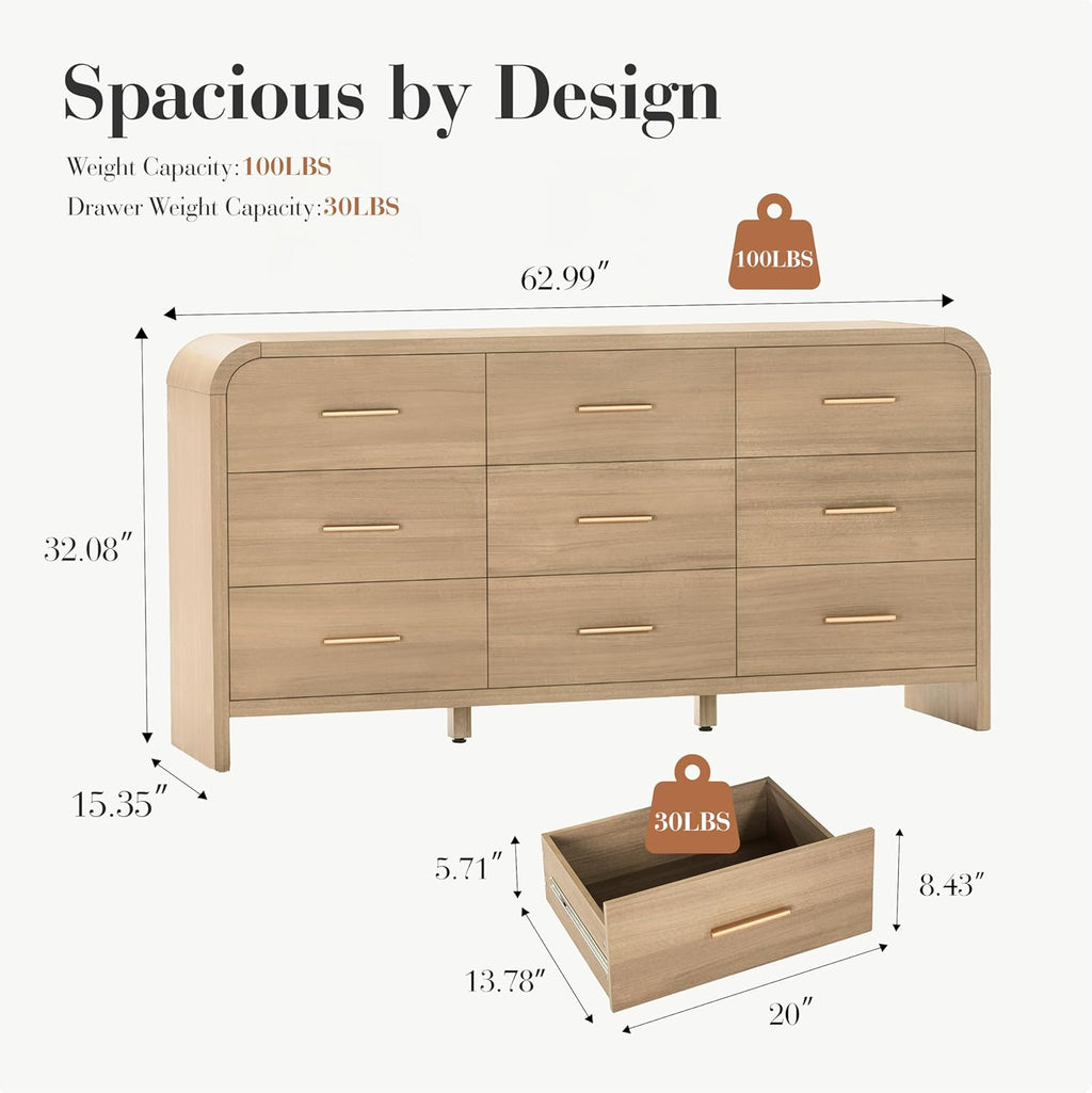 Curved 9-Drawer Dresser for Bedroom, 63" Wide Modern Chest of Drawers, Vanity Desk TV Stand for Living Room, Closet Storage Drawers Organizer Furniture, Nursery, Hallway, Oak