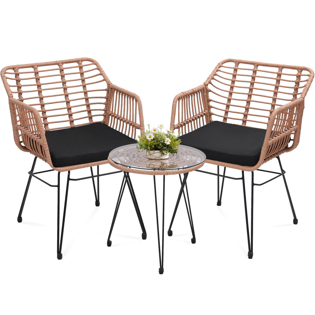 KROFEM 5 Piece Wicker Bistro Patio Conversation Furniture Set, Includes 2 Chairs, 2 Ottomans, and Side Table, Ideal for Porch, Balcony, Deck, Backyard, Natural