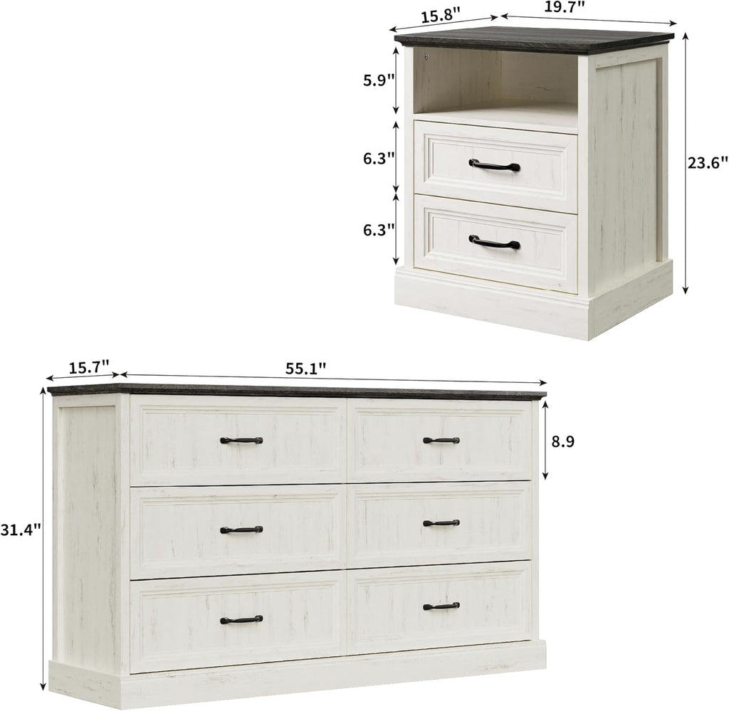 Tradare 3 Pcs Farmhouse Dresser and Nightstand Sets for Bedroom, 6 Drawer Dresser & Nightstand Set of 2, Rustic Wooden Chest of Drawers Wide Storage Organizer for Bedroom, White