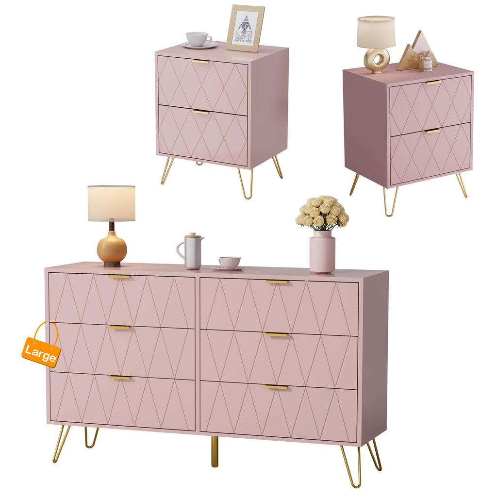 Anbuy Bedroom Sets 3 Piece Black 6 Drawer Dresser and Night Stand Sets for Bedroom, Two Drawers Nightstand Set of 2 & 6 Drawer Dresser Combo 3 Pieces (Black)