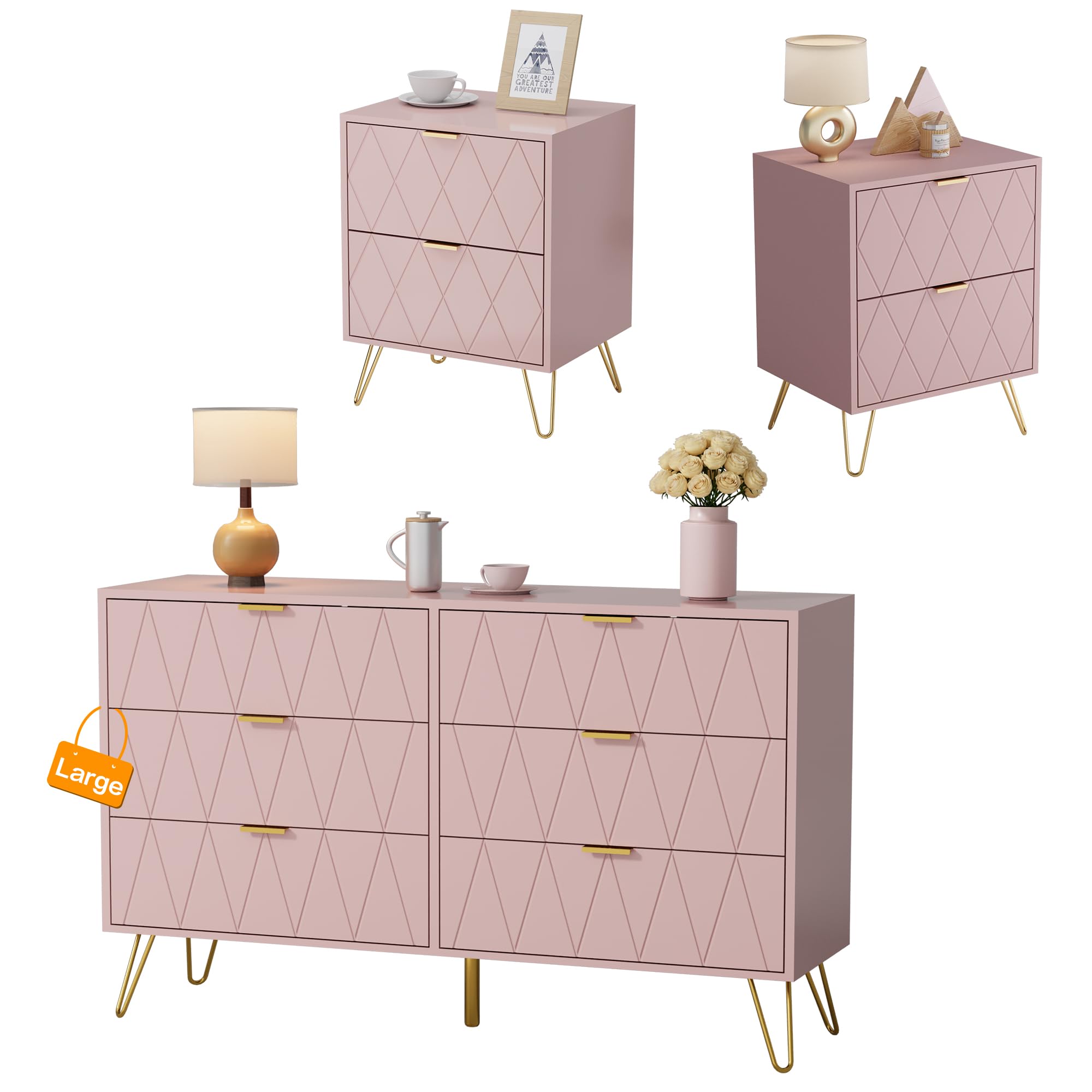 Anbuy Bedroom Sets 3 Piece Black 6 Drawer Dresser and Night Stand Sets for Bedroom, Two Drawers Nightstand Set of 2 & 6 Drawer Dresser Combo 3 Pieces (Black)