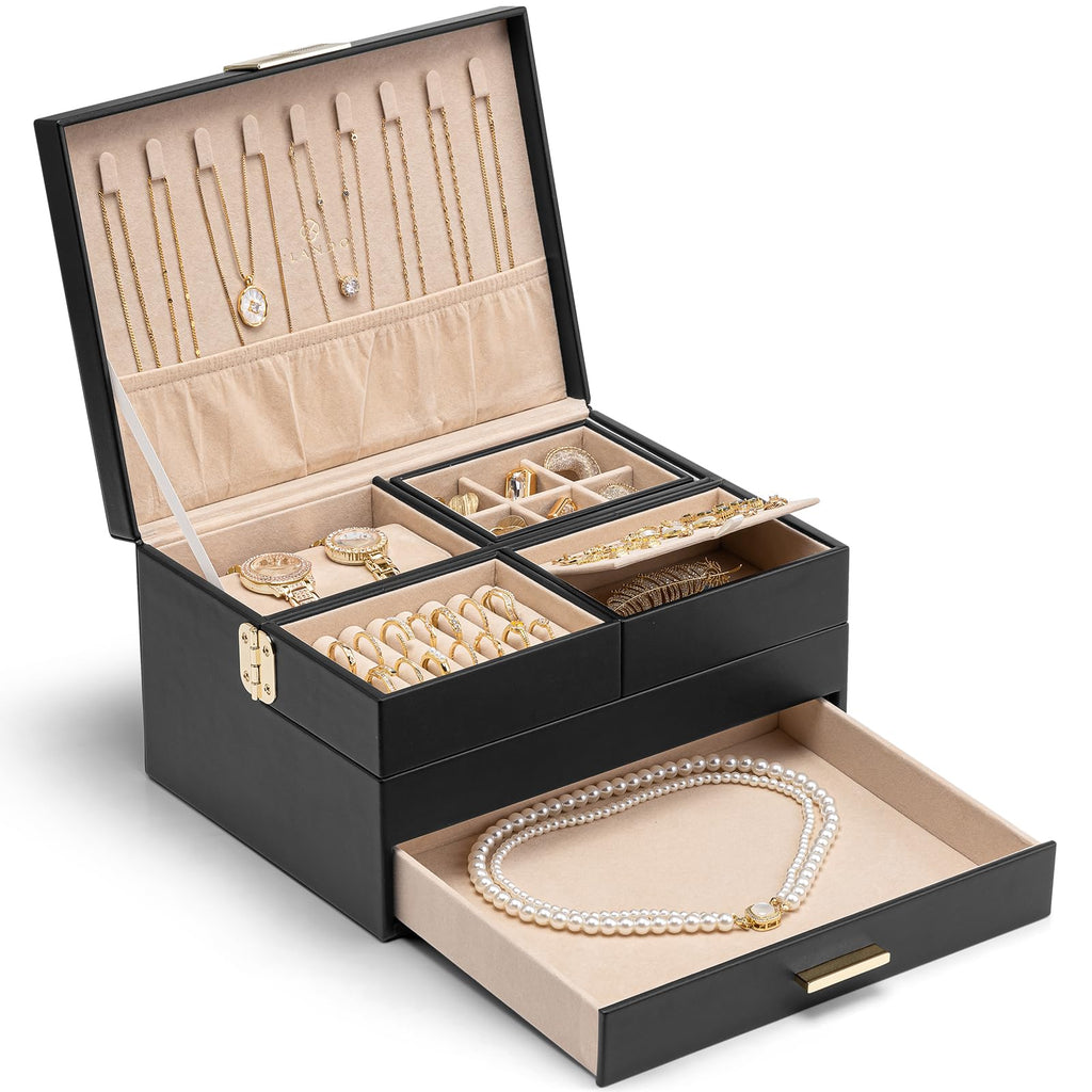 VLANDO 3 Layer Jewelry Box - Women Jewelry Box with Retractable Tray - Jewelry Organizers with Drawer for Necklaces, Rings, Bracelets, Earrings, Valentines Gift for Mom Girls - Cloud White