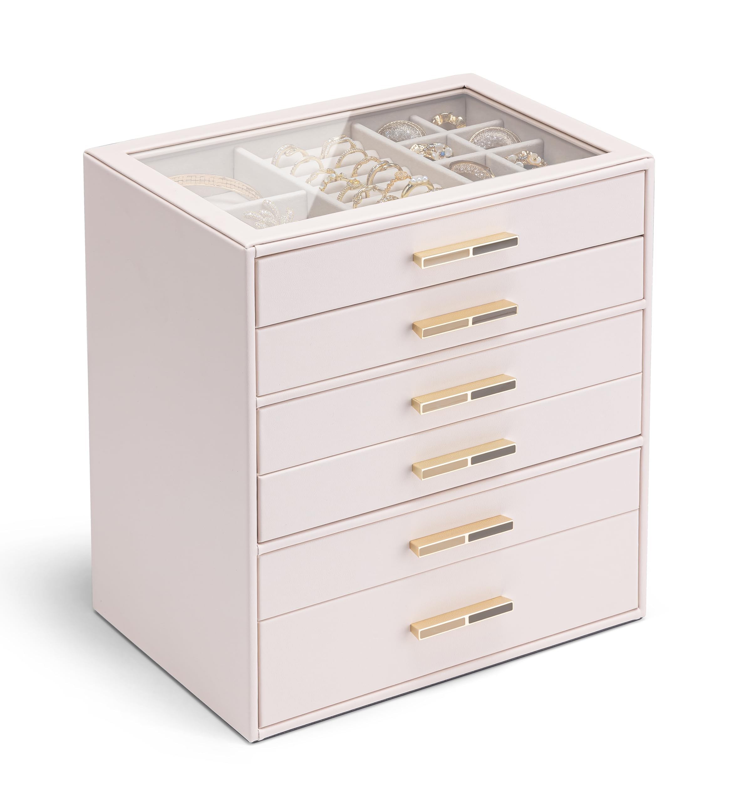 VLANDO 4 Layer Jewelry Box for Women, Glass Lid Jewelry Organizer with 4 Drawers for Necklaces Rings Earrings Bracelets - Cloud White