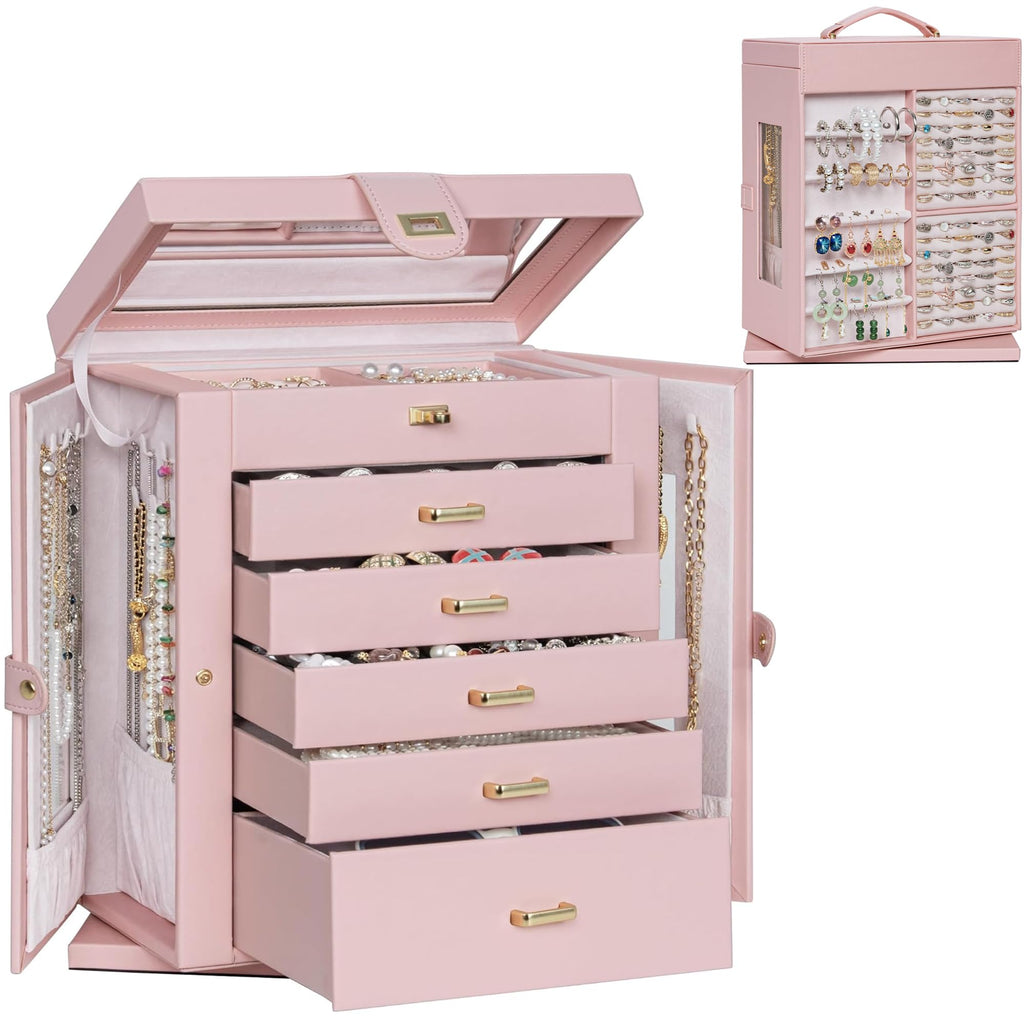 AKOZLIN Jewelry Box 6-Tier Organizer Functional 360° Rotating Jewelry Storage Case for Women Girls Ring Necklace Earring Bracelet Holder with Mirror