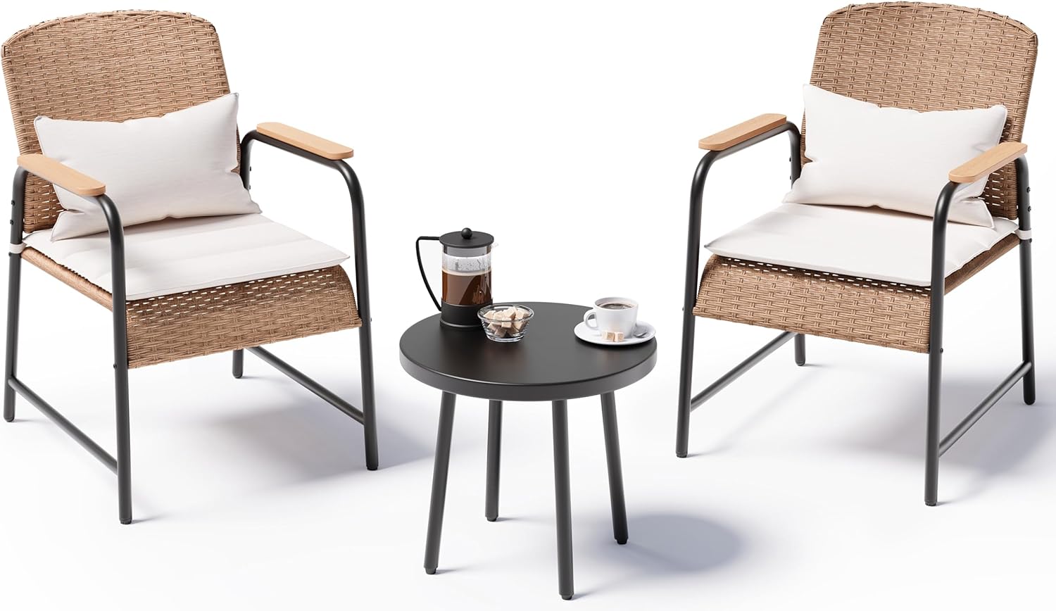 Jing's Villa 3-Piece Outdoor Bistro Set with Side Table, Ergonomic Armchairs with Lumbar Support & Breathable Mesh Seat, All-Weather Wicker Outdoor Furniture for Backyard, Porch, Balcony,Beige