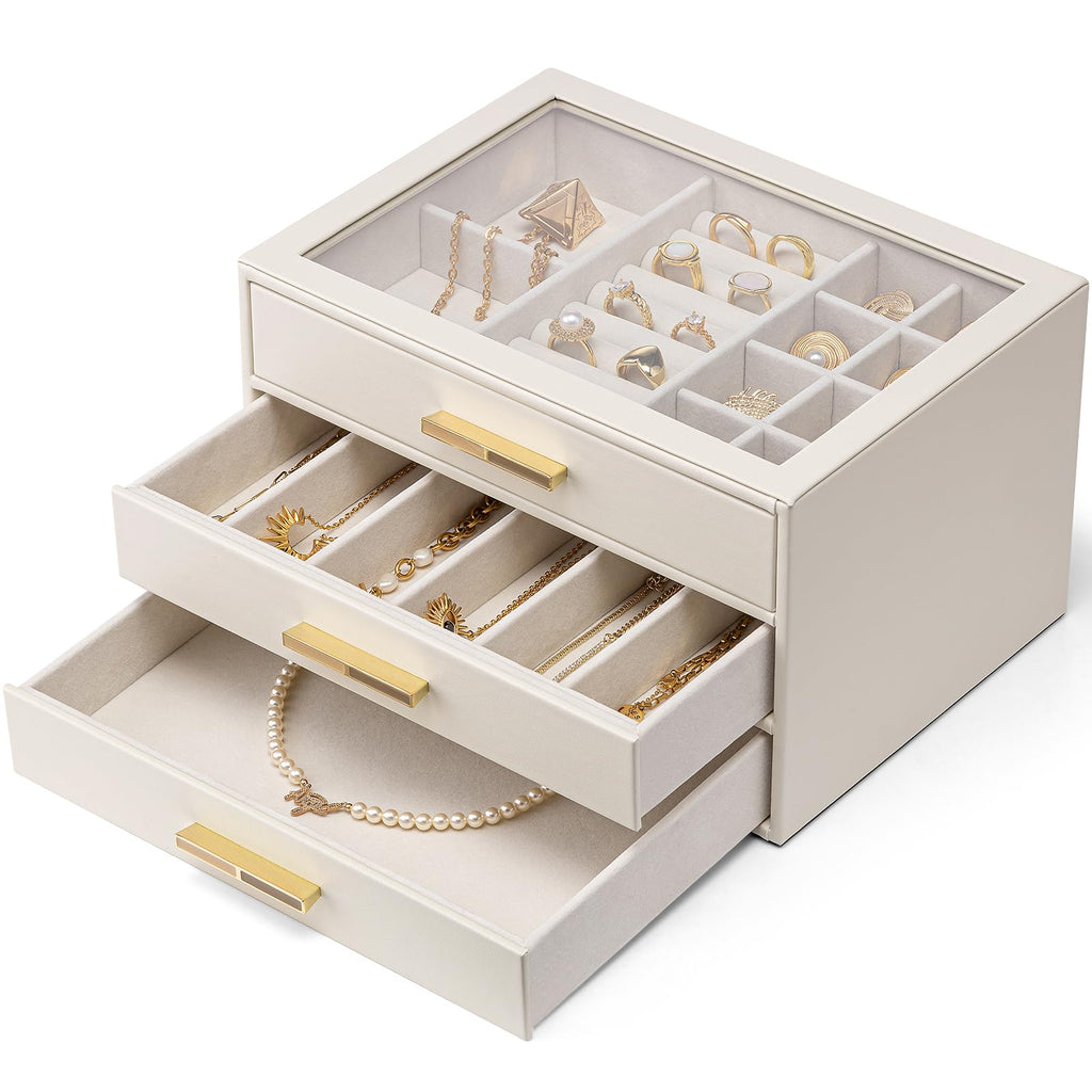 VLANDO 4 Layer Jewelry Box for Women, Glass Lid Jewelry Organizer with 4 Drawers for Necklaces Rings Earrings Bracelets - Cloud White