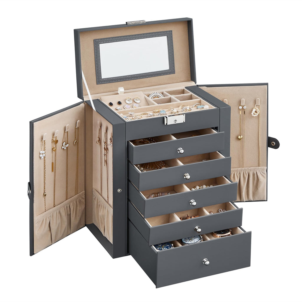 SONGMICS 6-Layer Jewelry Box Organizer with 5 Drawers, Jewelry Storage Case with Lock and Mirror, Large Storage Capacity, Gift for Loved Ones, for Necklaces, Watches, White UJBC152W01