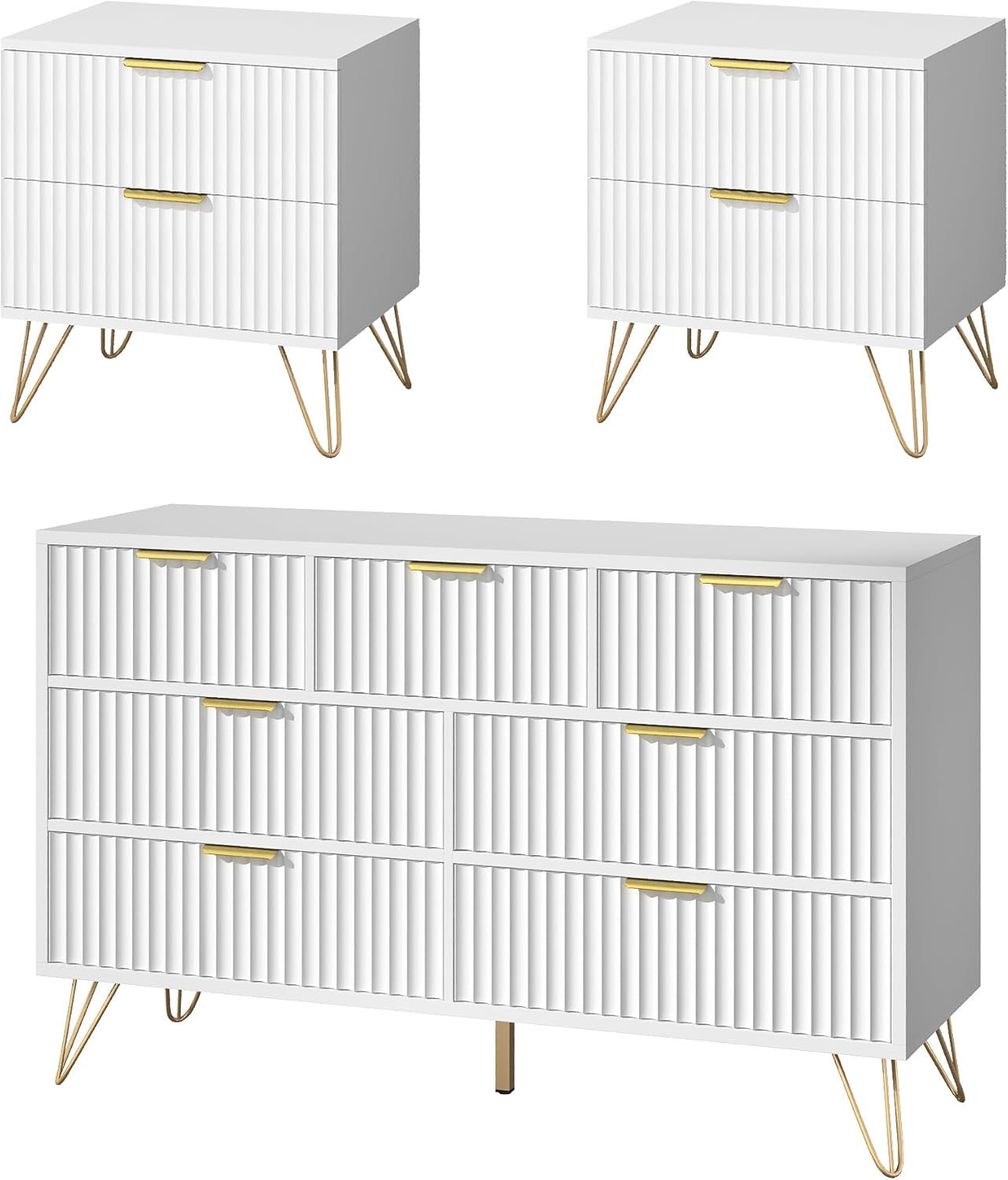 7 Drawer Dresser and Nightstand Sets for Bedroom, 3 Pcs Fluted Bedroom Set，Night Stand Set of 2 & 7 Drawer Dresser with Golden Handles, Wood Chest of Drawers Storage Cabinet Set, White