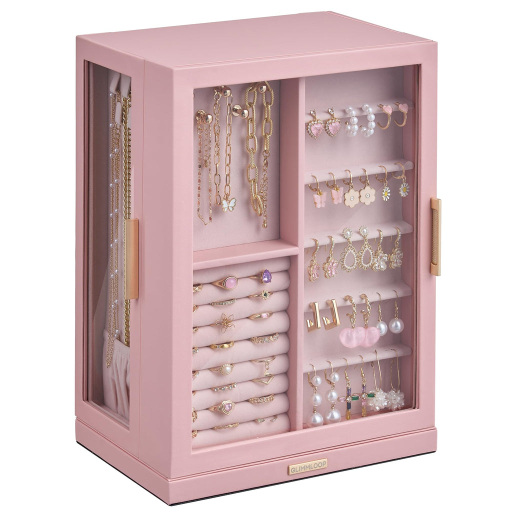 Glimmloop 360° Rotating Jewelry Box with 5 Drawers, Spacious Vertical Jewelry Organizer with Glass Window, Jewelry Storage Case, Dustproof & Moisture-resistant Design, White