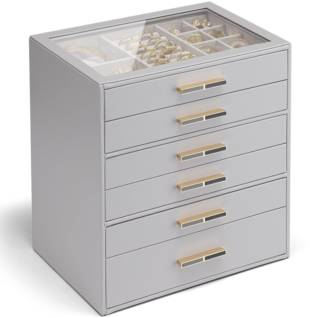 VLANDO 4 Layer Jewelry Box for Women, Glass Lid Jewelry Organizer with 4 Drawers for Necklaces Rings Earrings Bracelets - Cloud White