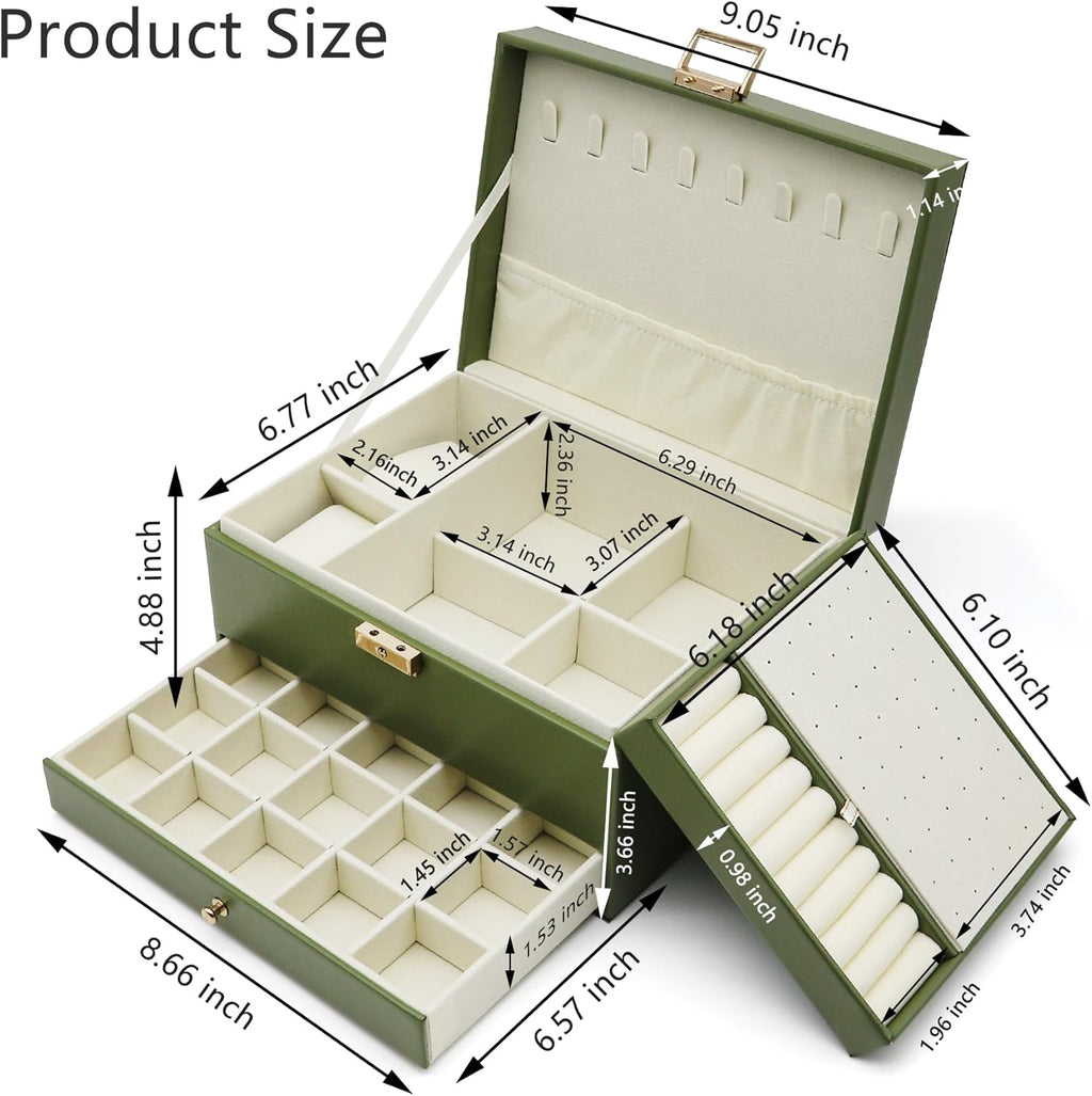 Jewelry Organizer Box, Jewelry Box Organizers for Women Girls, 3 Layers Large Leather Jewels Storage Case for Earring, Rings, Necklaces Bracelets, Big and Small Jewellery, Watch, Gift (OliveGreen)