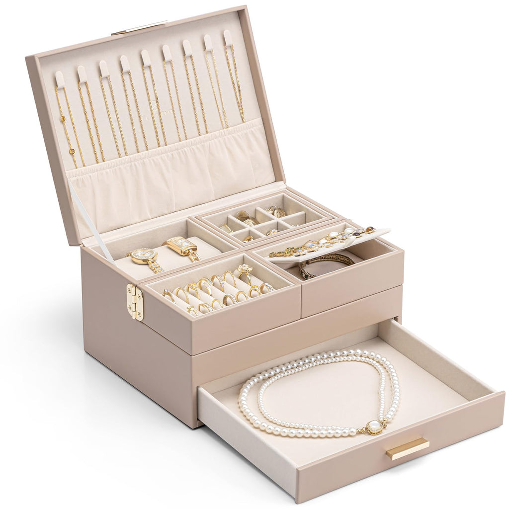 VLANDO 3 Layer Jewelry Box - Women Jewelry Box with Retractable Tray - Jewelry Organizers with Drawer for Necklaces, Rings, Bracelets, Earrings, Valentines Gift for Mom Girls - Cloud White