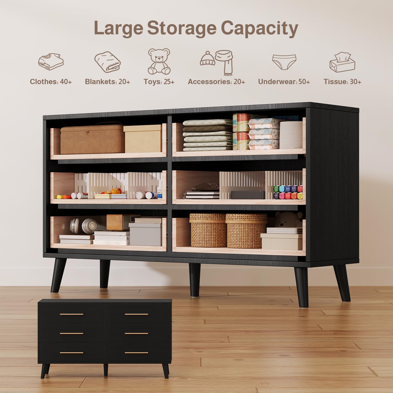 Ahomly 6-Drawer Dresser and 2-Drawer Nightstands Set for Bedroom, 3 Pcs Bedroom Set with Gold Handles，Modern Wood Dresser with Ample Storage, Black