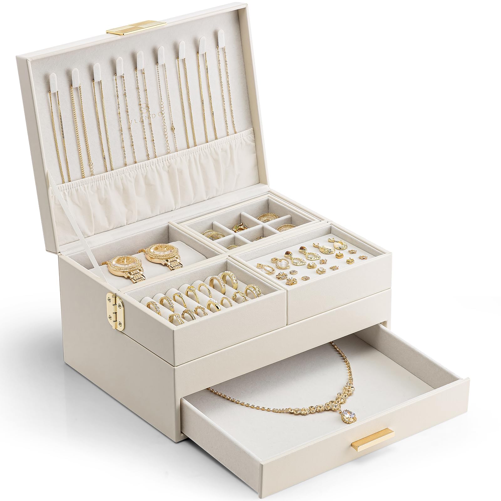VLANDO 3 Layer Jewelry Box - Women Jewelry Box with Retractable Tray - Jewelry Organizers with Drawer for Necklaces, Rings, Bracelets, Earrings, Valentines Gift for Mom Girls - Cloud White