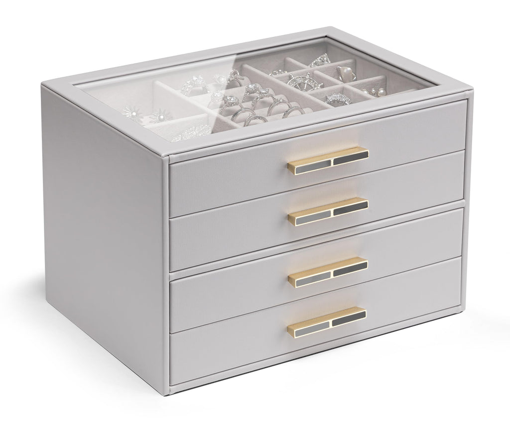VLANDO 4 Layer Jewelry Box for Women, Glass Lid Jewelry Organizer with 4 Drawers for Necklaces Rings Earrings Bracelets - Cloud White