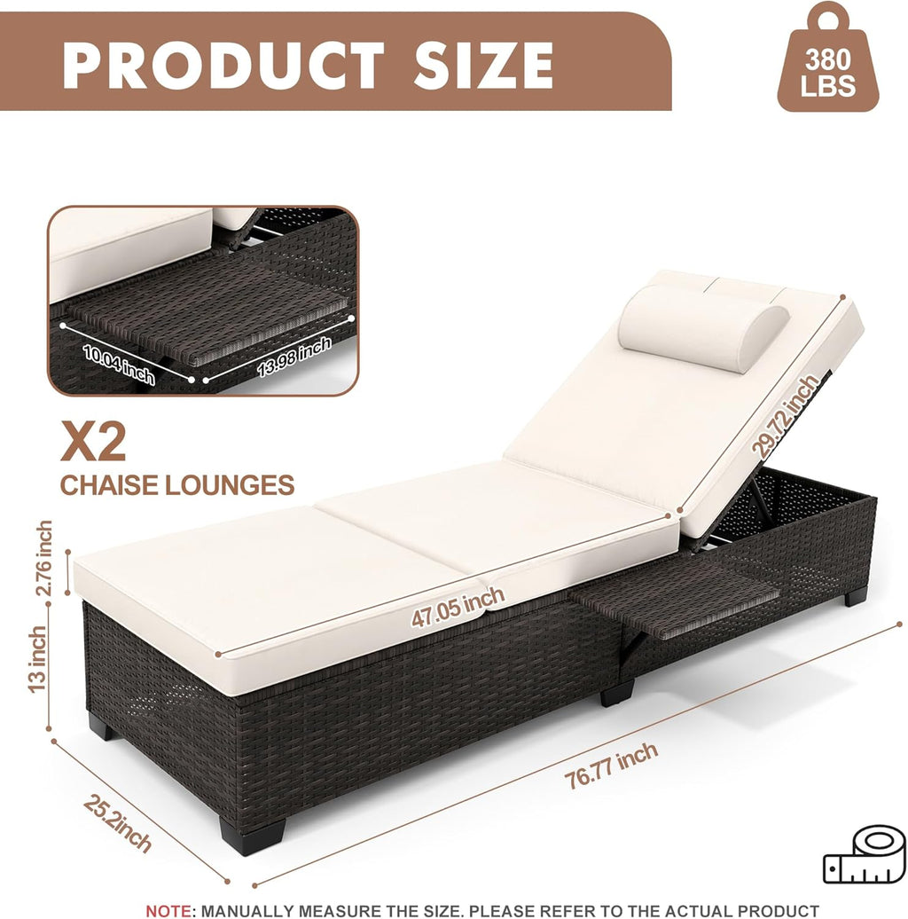 Patio Chaise Lounge Set of 2, Brown Rattan, Adjustable Backrest, Recliners with Beige Cushion