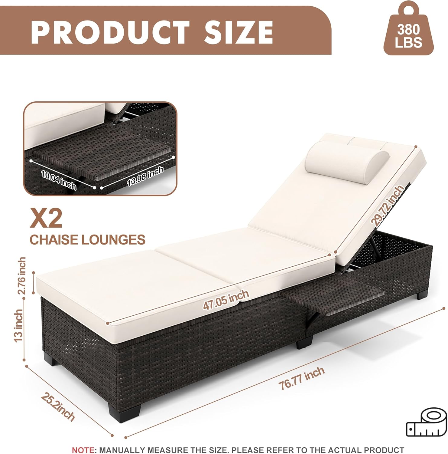 Patio Chaise Lounge Set of 2, Brown Rattan, Adjustable Backrest, Recliners with Beige Cushion