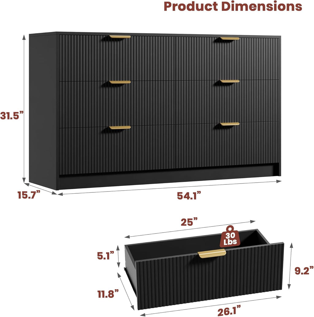 Garvee 6 Drawers Dresser for Bedroom - 54" Wide Modern Fluted Double Chest of Drawers with Golden Metal Handles, Large TV Stand Multi-Function Home Organizer for Living Room, Entryway, Hallway, Black