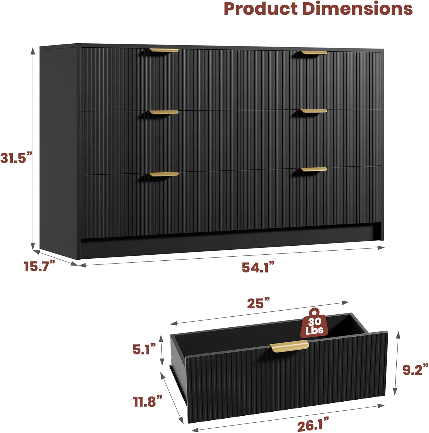 Garvee 6 Drawers Dresser for Bedroom - 54" Wide Modern Fluted Double Chest of Drawers with Golden Metal Handles, Large TV Stand Multi-Function Home Organizer for Living Room, Entryway, Hallway, Black