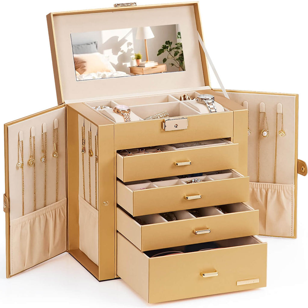 Homde Synthetic Leather Huge Jewelry Box Mirrored Watch Organizer Necklace Ring Earring Storage Lockable Gift Case (White + Gold)