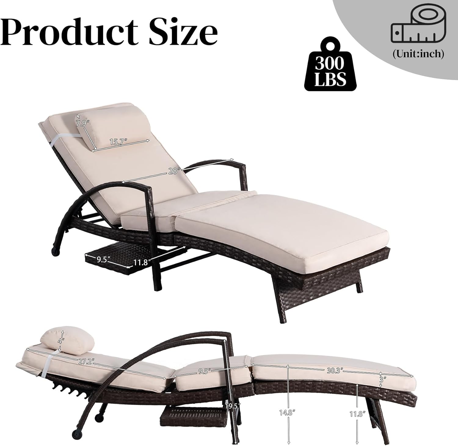 Chaise Lounge Chairs Set of 2, 6-Position Adjustable Outdoor Recliner with Side Table & Wheel,All-Weather PE Rattan Wicker Patio Lounge Chair With Removable Cushion for Poolside Backyard Beach (Beige)