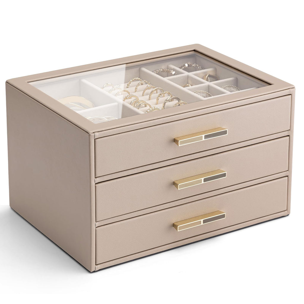 VLANDO 4 Layer Jewelry Box for Women, Glass Lid Jewelry Organizer with 4 Drawers for Necklaces Rings Earrings Bracelets - Cloud White