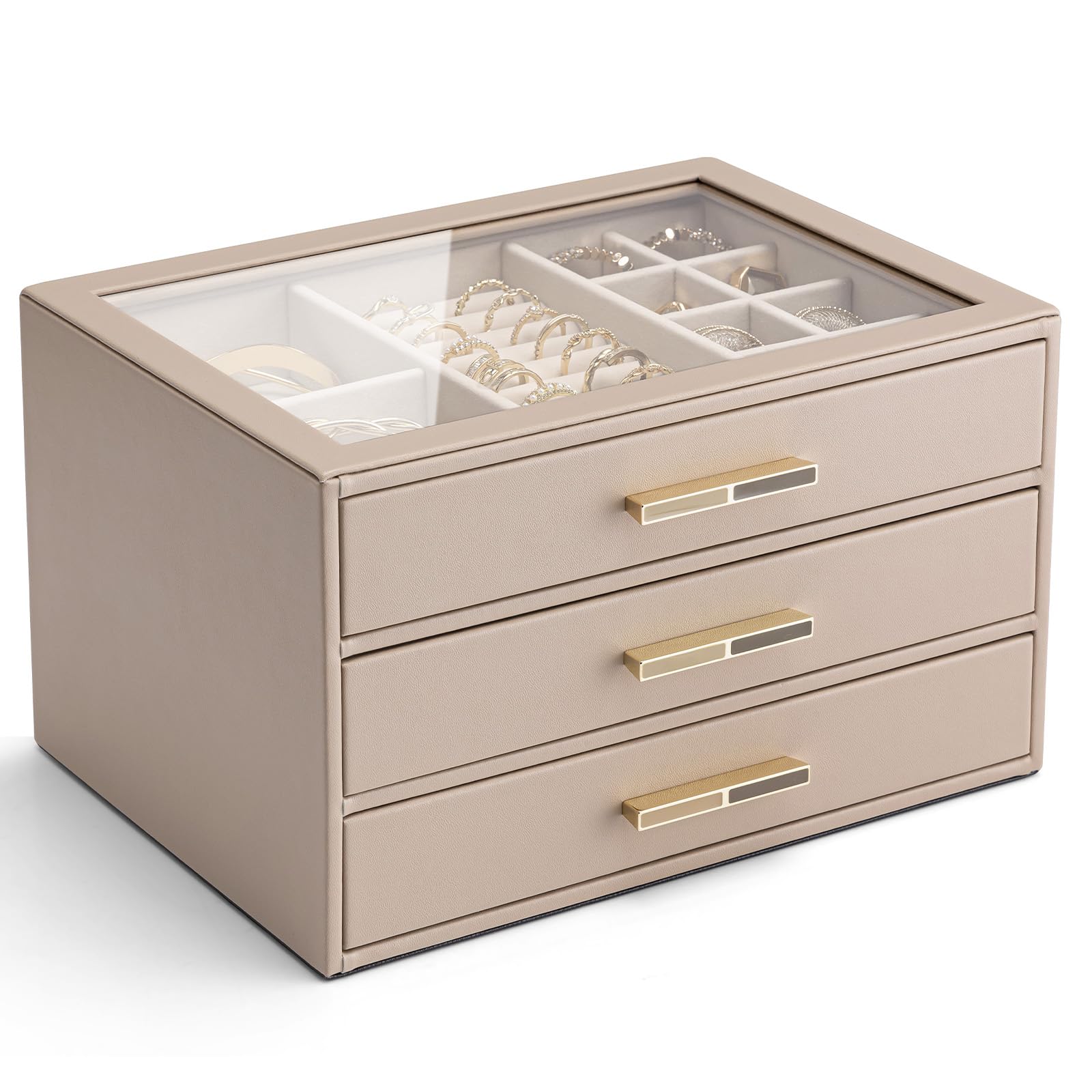 VLANDO 4 Layer Jewelry Box for Women, Glass Lid Jewelry Organizer with 4 Drawers for Necklaces Rings Earrings Bracelets - Cloud White
