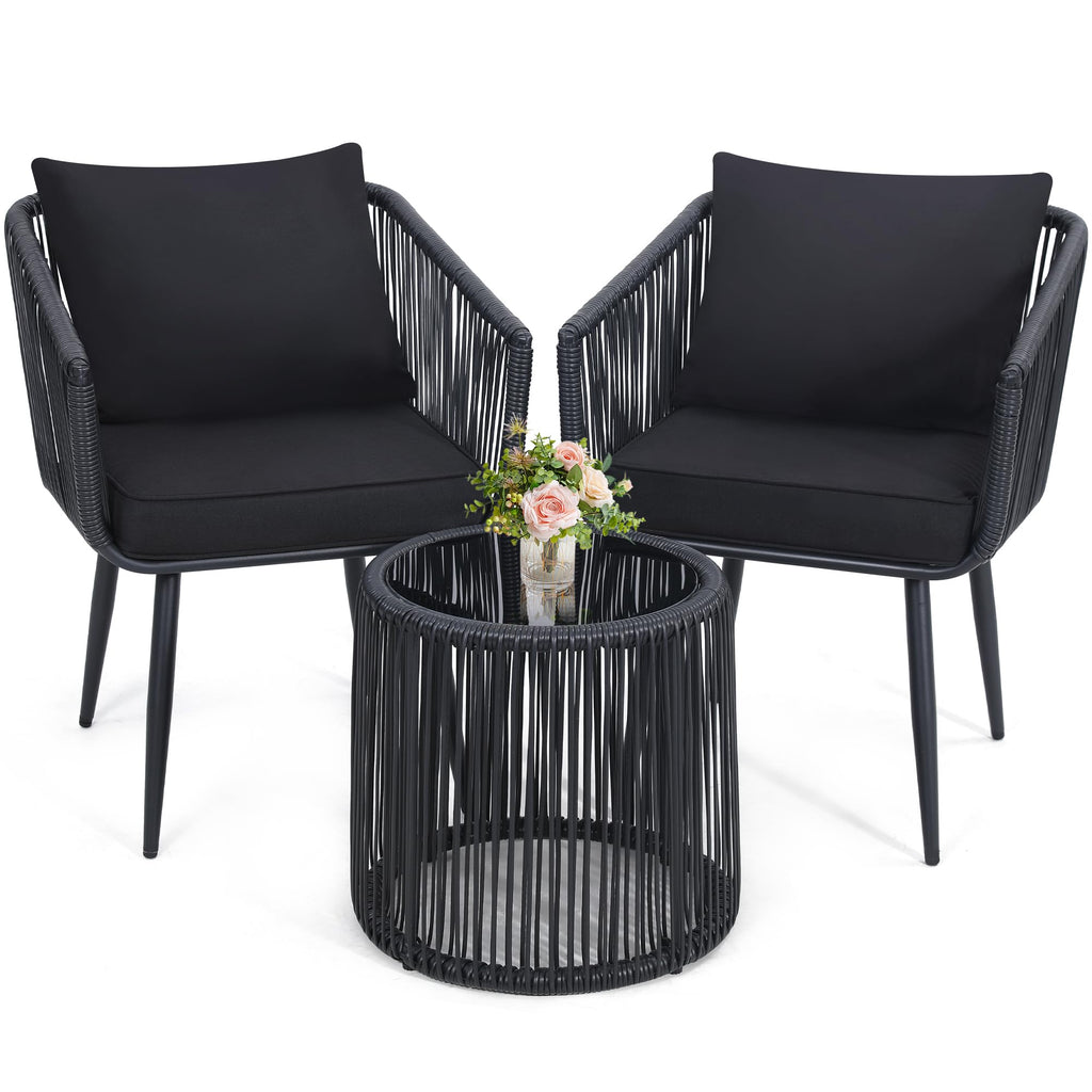 Kromax 3 Pieces Patio Rattan Bistro Conversation Set, Outdoor All-Weather Wicker Furniture Chairs and Side Table Set Ideal for Balcony, Porch and Backyard, Black