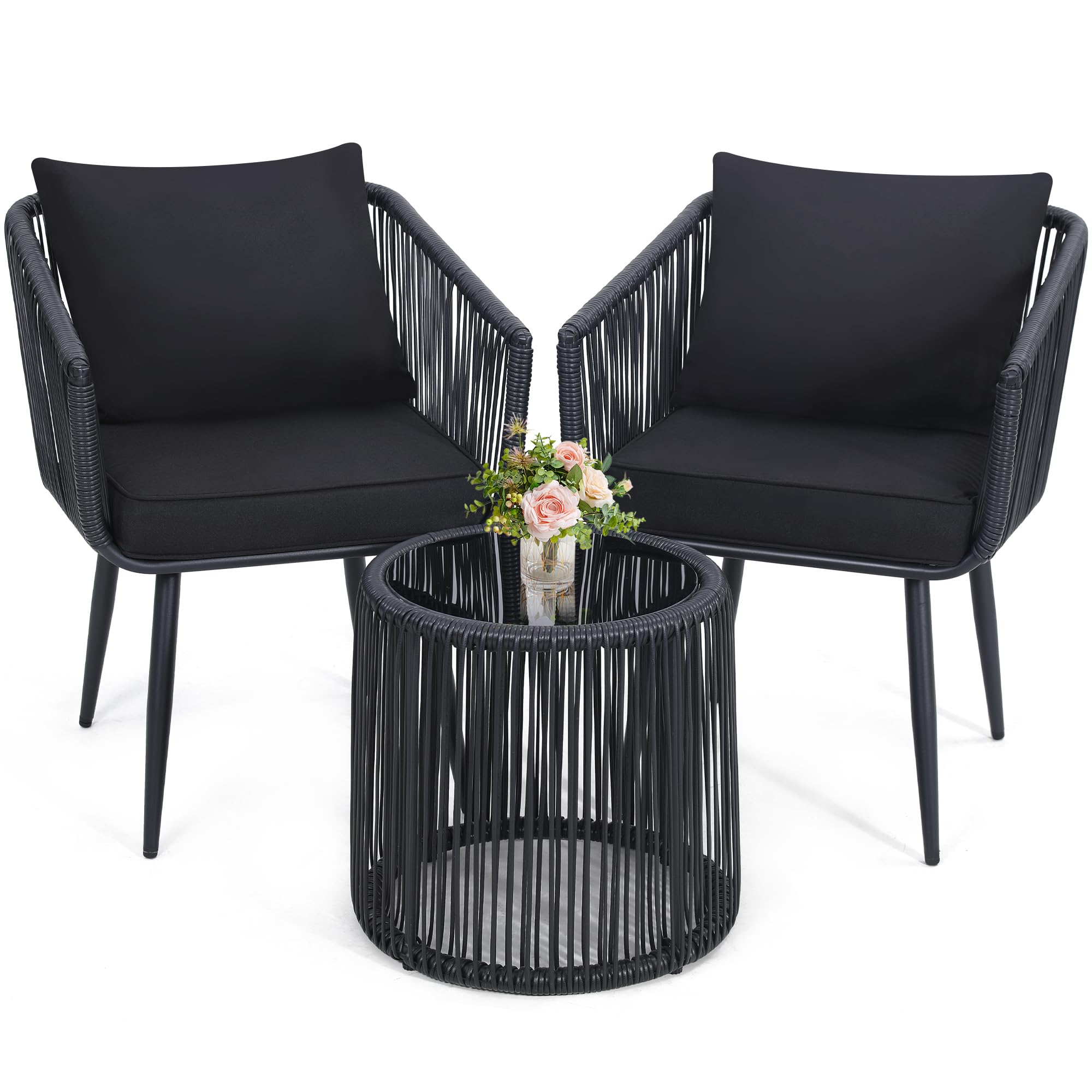 Kromax 3 Pieces Patio Rattan Bistro Conversation Set, Outdoor All-Weather Wicker Furniture Chairs and Side Table Set Ideal for Balcony, Porch and Backyard, Black
