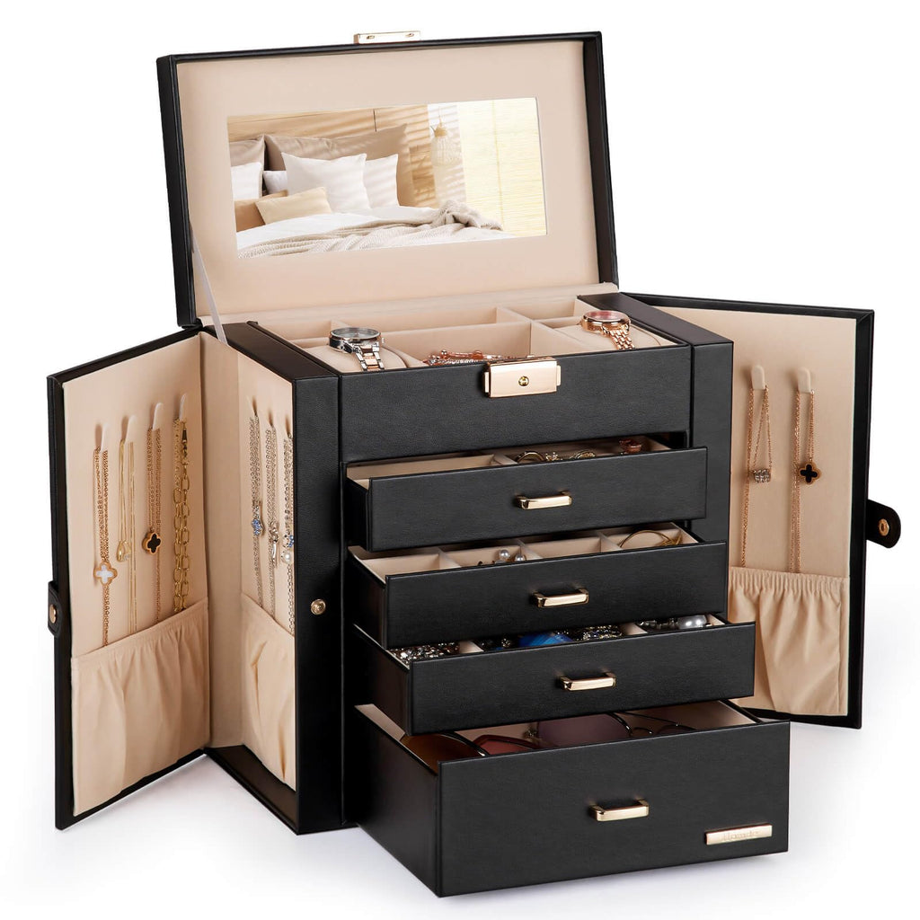 Homde Synthetic Leather Huge Jewelry Box Mirrored Watch Organizer Necklace Ring Earring Storage Lockable Gift Case (White + Gold)