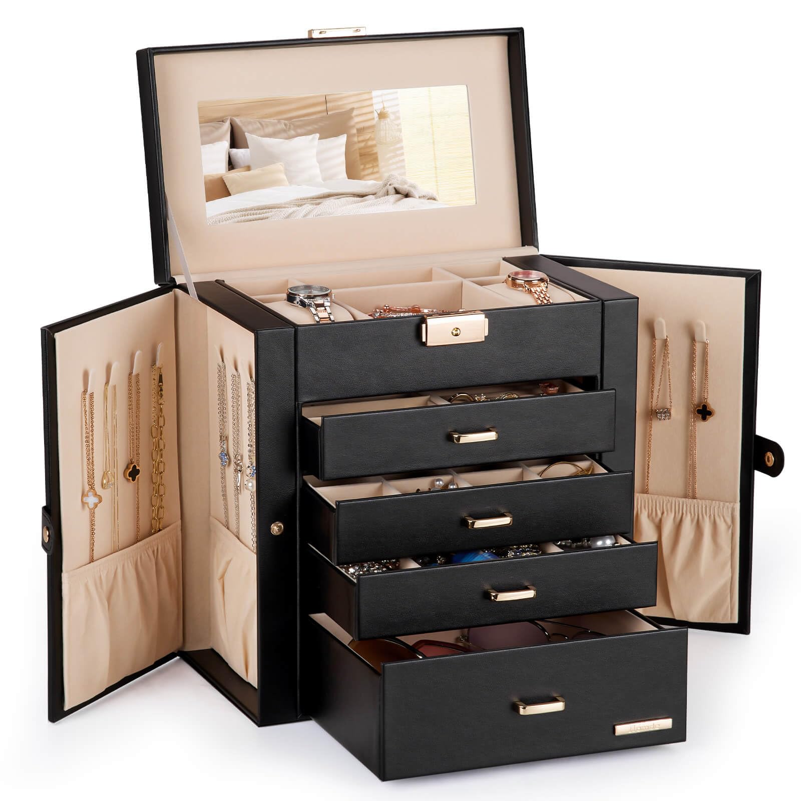 Homde Synthetic Leather Huge Jewelry Box Mirrored Watch Organizer Necklace Ring Earring Storage Lockable Gift Case (White + Gold)