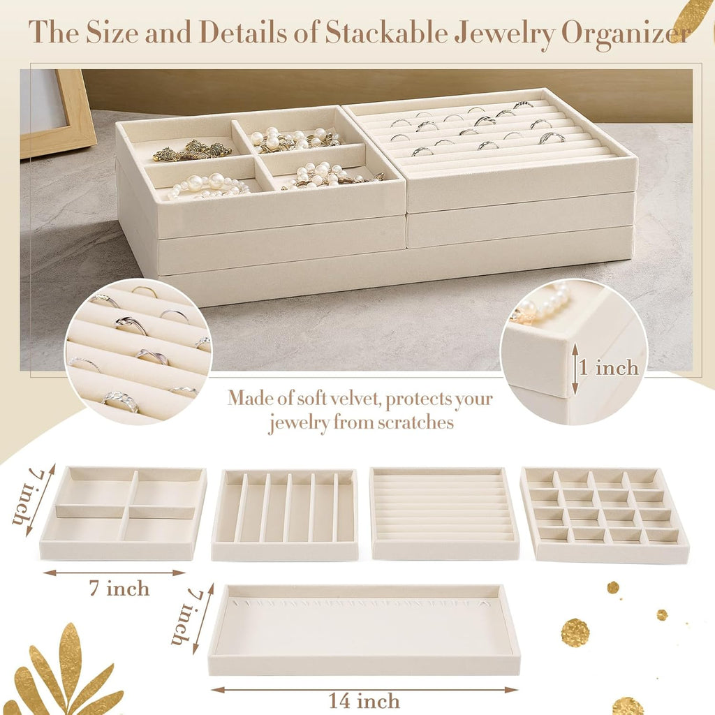 10 Pack 14 Inch Beige Velvet Stackable Jewelry Drawer Trays with Removable Dividers for Earrings Rings Necklaces Watches