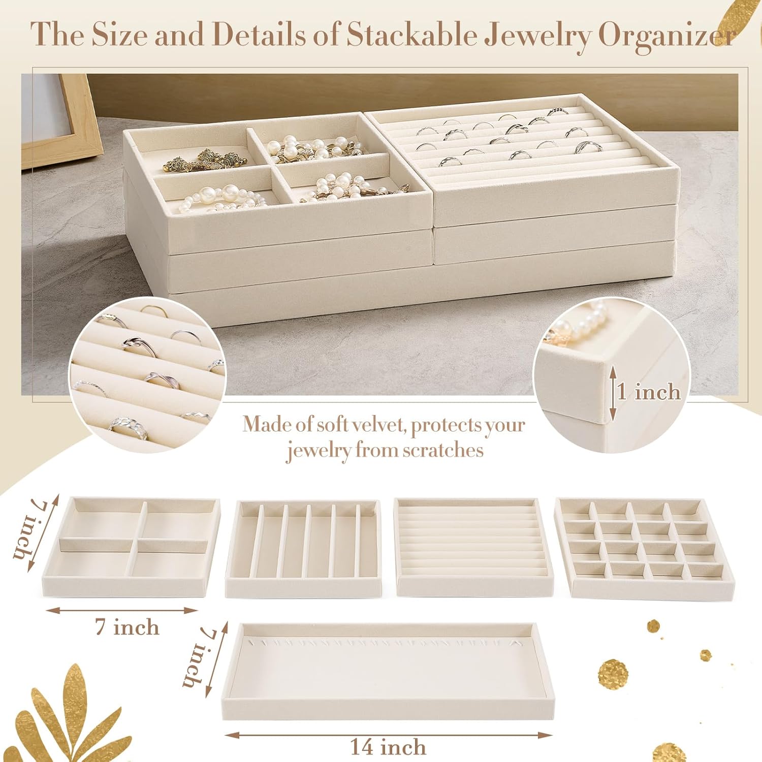 10 Pack 14 Inch Beige Velvet Stackable Jewelry Drawer Trays with Removable Dividers for Earrings Rings Necklaces Watches