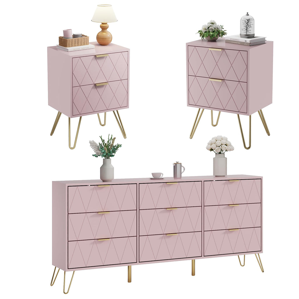 Anbuy Bedroom Sets 3 Piece Black 6 Drawer Dresser and Night Stand Sets for Bedroom, Two Drawers Nightstand Set of 2 & 6 Drawer Dresser Combo 3 Pieces (Black)