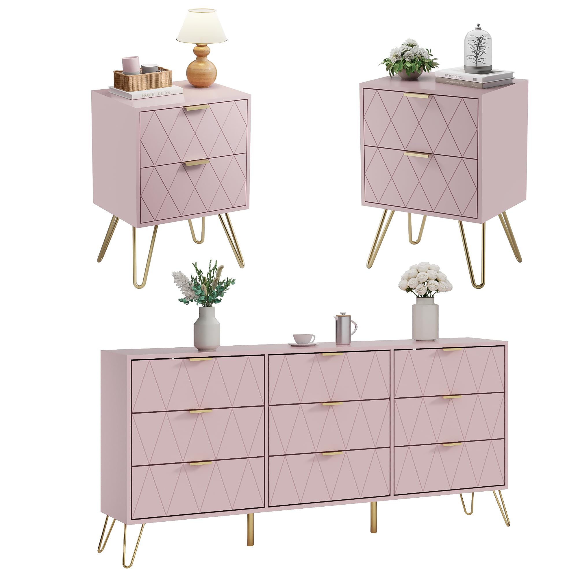Anbuy Bedroom Sets 3 Piece Black 6 Drawer Dresser and Night Stand Sets for Bedroom, Two Drawers Nightstand Set of 2 & 6 Drawer Dresser Combo 3 Pieces (Black)