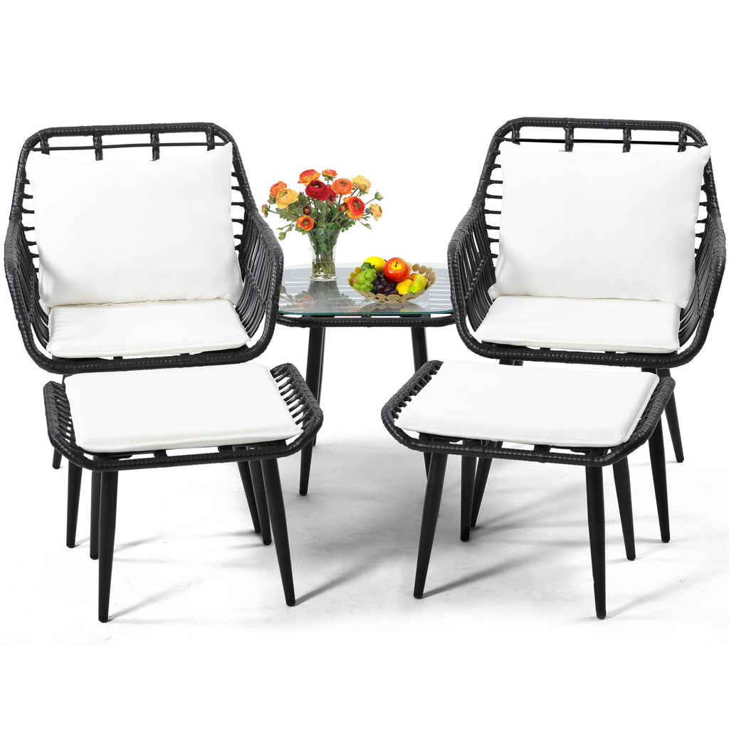 KROFEM 5 Piece Wicker Bistro Patio Conversation Furniture Set, Includes 2 Chairs, 2 Ottomans, and Side Table, Ideal for Porch, Balcony, Deck, Backyard, Natural
