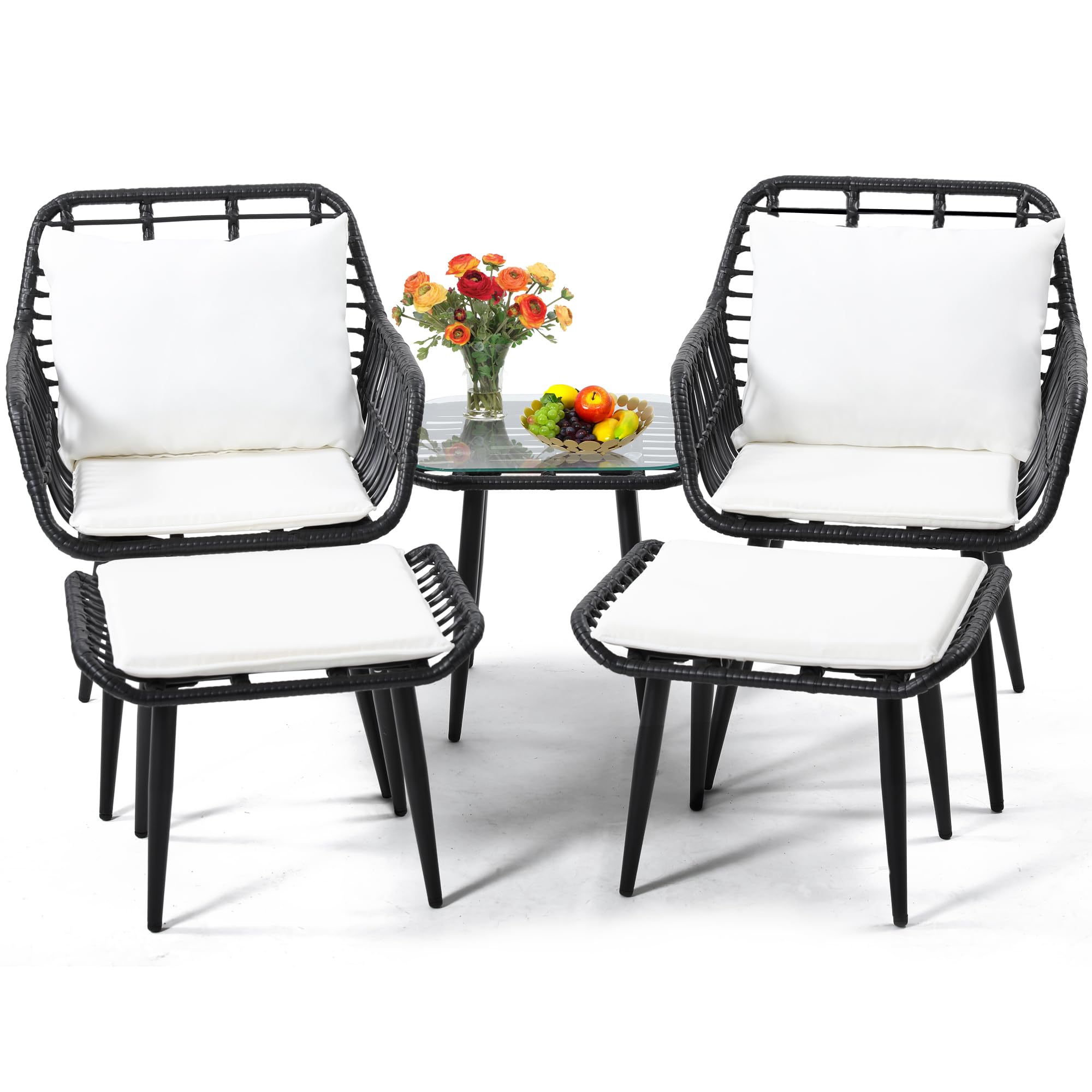 KROFEM 5 Piece Wicker Bistro Patio Conversation Furniture Set, Includes 2 Chairs, 2 Ottomans, and Side Table, Ideal for Porch, Balcony, Deck, Backyard, Natural