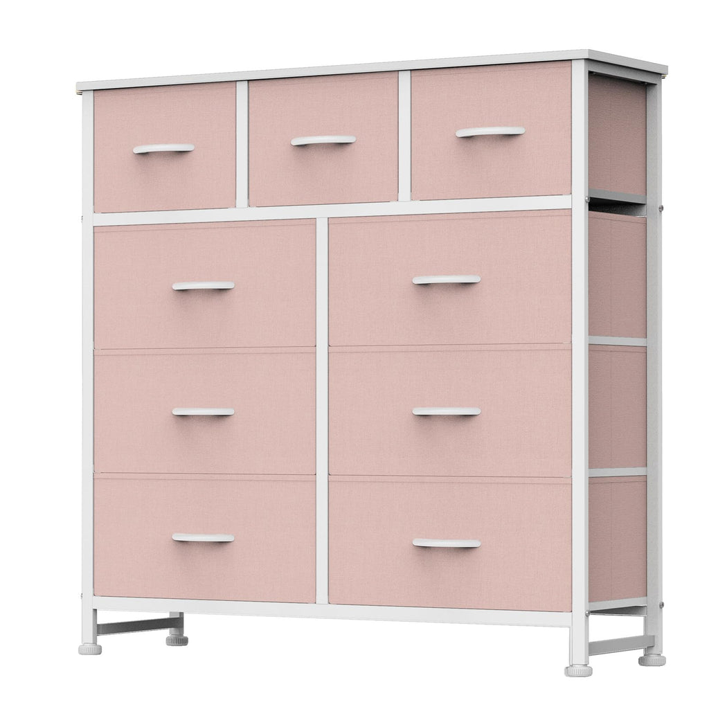 DUMOS Dresser for Bedroom, Storage Organizer with 9 Drawers, Chest of Drawers with Fabric Bins, Sturdy Metal Frame, Wood Tabletop for Guest Room, Closet, Entryway, White