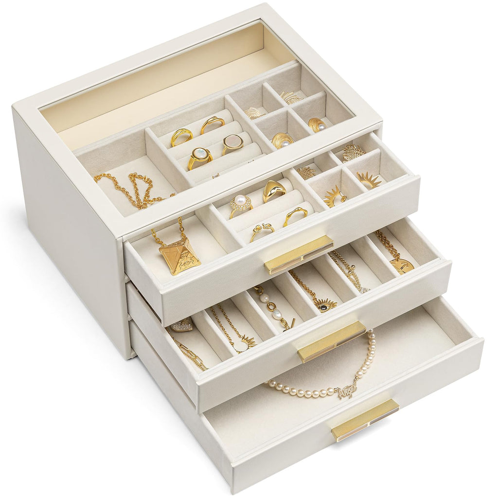 VLANDO 4 Layer Jewelry Box for Women, Glass Lid Jewelry Organizer with 4 Drawers for Necklaces Rings Earrings Bracelets - Cloud White