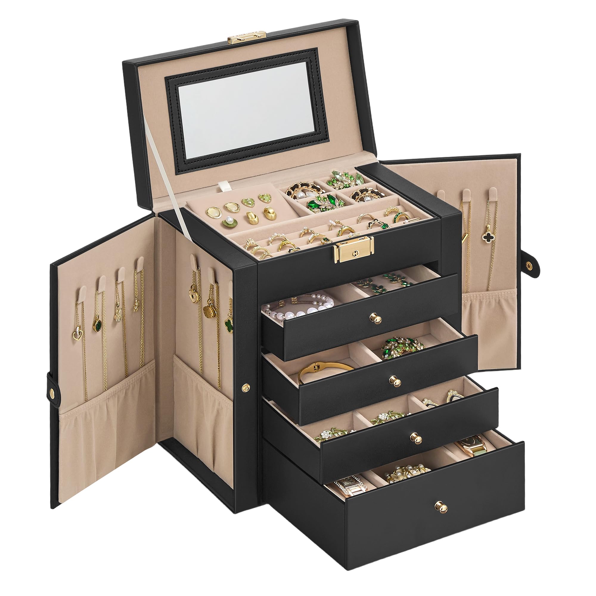 SONGMICS 6-Layer Jewelry Box Organizer with 5 Drawers, Jewelry Storage Case with Lock and Mirror, Large Storage Capacity, Gift for Loved Ones, for Necklaces, Watches, White UJBC152W01