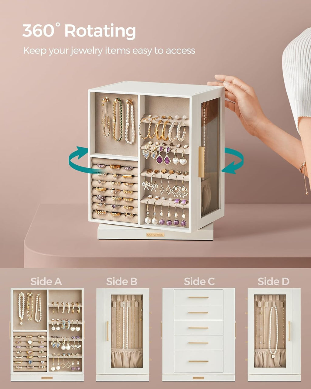 SONGMICS Jewelry Box 360° Rotating, Jewelry Storage Case with 5 Drawers, Jewelry Organizer, Glass Window, Spacious, Vertical Jewelry Storage, Open Design, Great Gift, Cloud White UJBC170W01