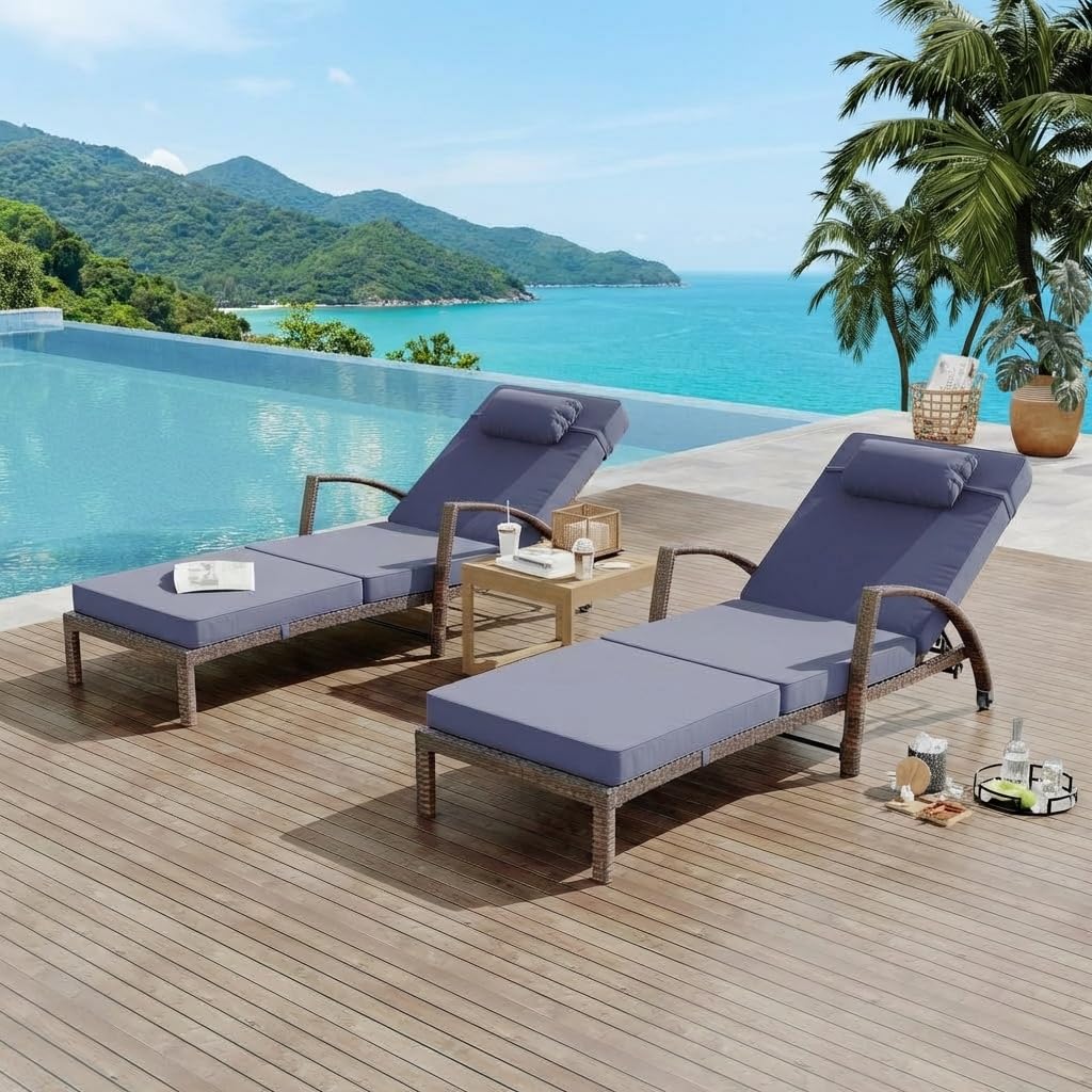 Garvee Outdoor Chaise Lounge Set of 2, 5-Position Adjustable PE Wicker Reclining Chairs with Wheels & 3.5" Cushions, 400 lbs Capacity All-Weather Patio Furniture for Poolside, Garden, Beach(Beige)