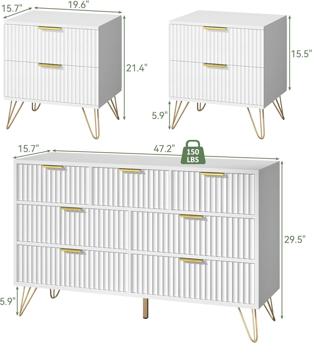 7 Drawer Dresser and Nightstand Sets for Bedroom, 3 Pcs Fluted Bedroom Set，Night Stand Set of 2 & 7 Drawer Dresser with Golden Handles, Wood Chest of Drawers Storage Cabinet Set, White