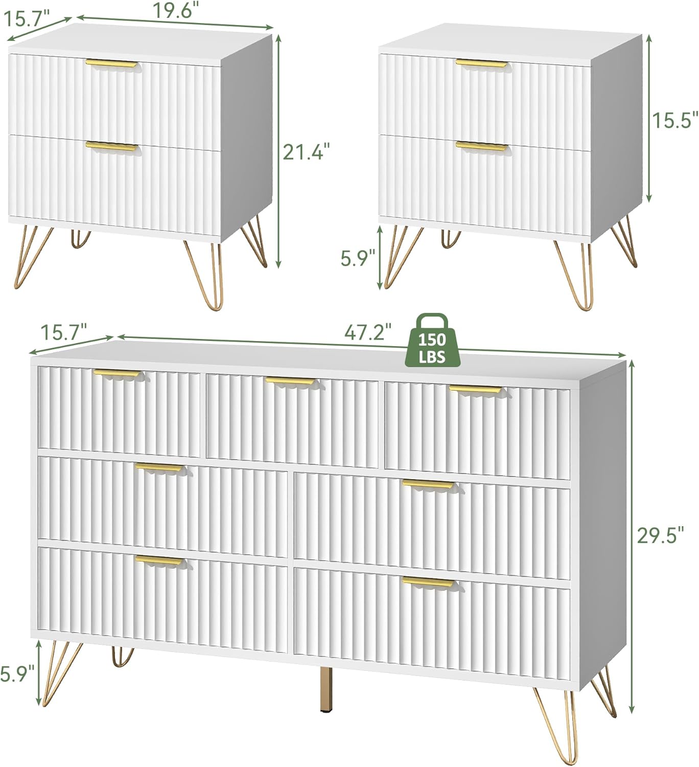 7 Drawer Dresser and Nightstand Sets for Bedroom, 3 Pcs Fluted Bedroom Set，Night Stand Set of 2 & 7 Drawer Dresser with Golden Handles, Wood Chest of Drawers Storage Cabinet Set, White
