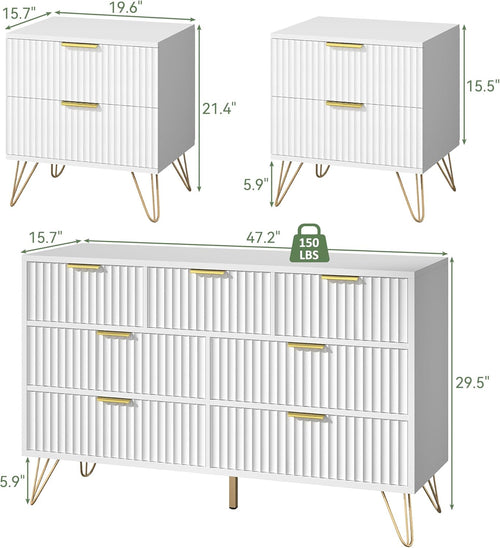 7 Drawer Dresser and Nightstand Sets for Bedroom, 3 Pcs Fluted Bedroom Set，Night Stand Set of 2 & 7 Drawer Dresser with Golden Handles, Wood Chest of Drawers Storage Cabinet Set, White